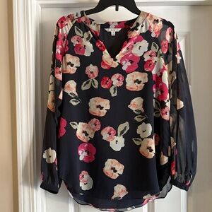 CAbi Peony Floral V Neck Blouse Sheer Sleeves Size XS